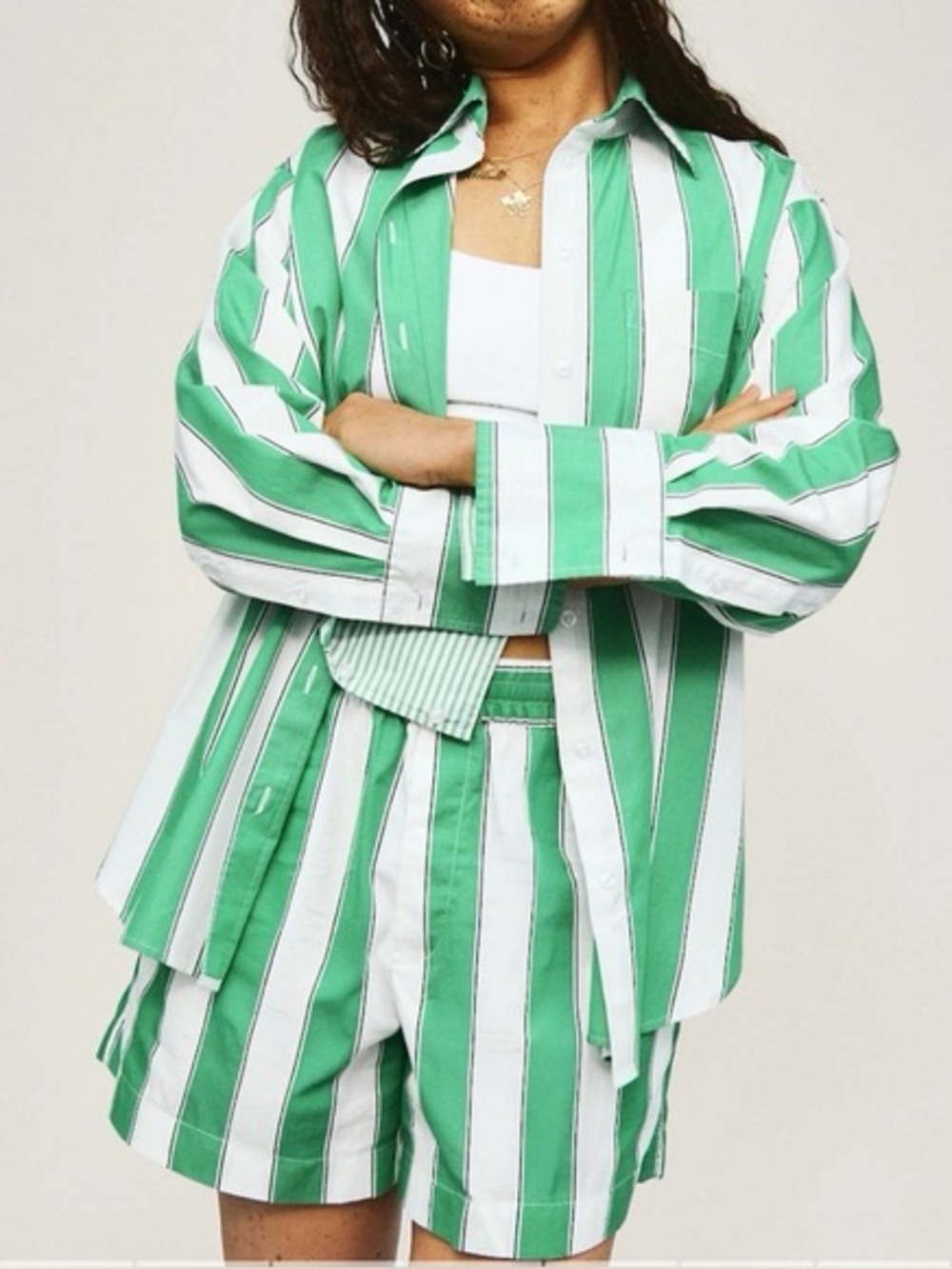 Gap organic cotton poplin green & white striped big shirt & shorts set